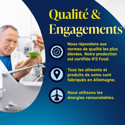 Promesse de qualité : production certifiée selon la norme IFS Food, tous les aliments et produits de soin fabriqués en Allemagne, utilisation d’énergies renouvelables. Promesse de qualité : production certifiée selon la norme IFS Food, tous les aliments et produits de soin fabriqués en Allemagne, utilisation d’énergies renouvelables.
