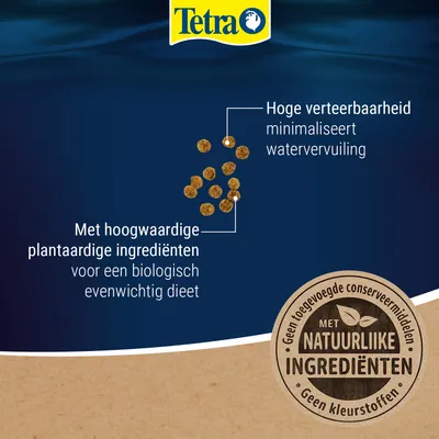 Tetra. Hoge verteerbaarheid minimaliseert watervervuiling. Met hoogwaardige plantaardige ingrediënten voor een biologisch uitgebalanceerd voer. Zonder toegevoegde conserveermiddelen of kleurstoffen.