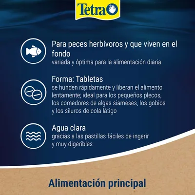 Tetra. Para peces herbívoros y de fondo, forma en tabletas que se hunden y liberan alimento lentamente. Agua clara gracias a pastillas fáciles de ingerir y digerir. Alimentación principal.