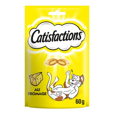 Sachet Catisfactions au fromage 60 g, illustration de chat et morceau de fromage visibles sur l’emballage jaune.