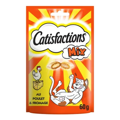 Catisfactions Mix au poulet & fromage, sachet de 60 g. Illustration d’un chat, d’une poule sur un morceau de fromage et deux friandises visibles sur l’emballage.