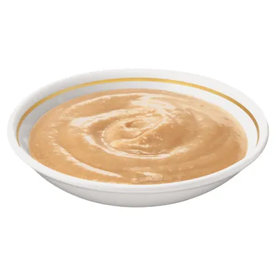 Bowl with light brown pet food puree, smooth texture, served in a white dish with a gold stripe around the rim. No visible branding or text.