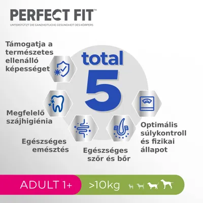 PERFECT FIT total 5: támogatja a természetes ellenálló képességet, megfelelő szájhigiénia, egészséges emésztés, egészséges szőr és bőr, optimális súlykontroll. ADULT 1+, >10 kg.