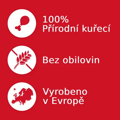 100% Přírodní kuřecí, Bez obilovin, Vyrobeno v Evropě – klíčové vlastnosti produktu zobrazené na červeném pozadí.