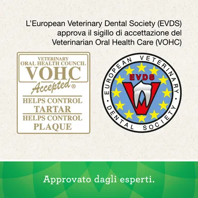 Testo: L’European Veterinary Dental Society (EVDS) approva il sigillo di accettazione del Veterinarian Oral Health Care (VOHC). Sigilli VOHC Accepted e EVDS. Approvato dagli esperti.