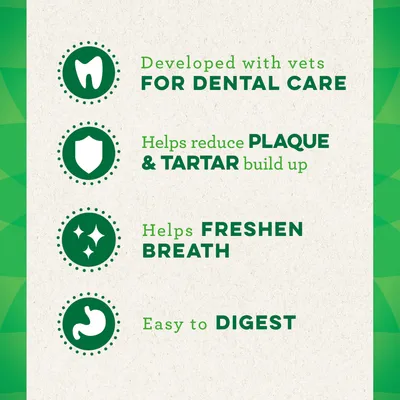 Developed with vets for dental care. Helps reduce plaque & tartar build up. Helps freshen breath. Easy to digest.