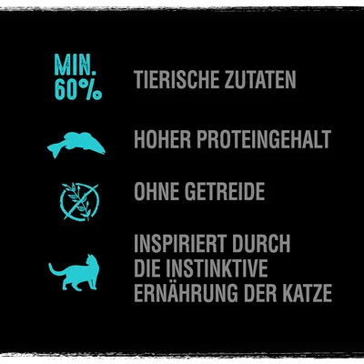 MIN. 60 %, TIERISCHE ZUTATEN, HOHER PROTEINGEHALT, OHNE GETREIDE, INSPIRIERT DURCH DIE INSTINKTIVE ERNÄHRUNG DER KATZE (текст на немецком языке)