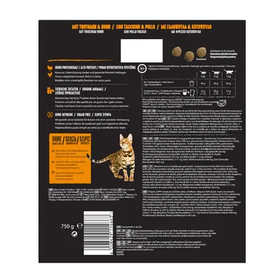 Dos d’un paquet de croquettes pour chat, 750 g, avec tableau de dosage quotidien, ingrédients, analyse nutritionnelle, mentions sans céréales et haute teneur en protéines, image d’un chat.