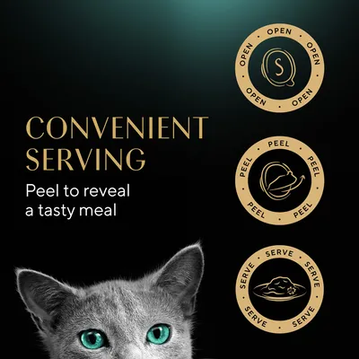 Text: CONVENIENT SERVING. Peel to reveal a tasty meal. Three icons with text: OPEN, PEEL, SERVE, each showing steps for opening and serving cat food. Cat's head visible at bottom.