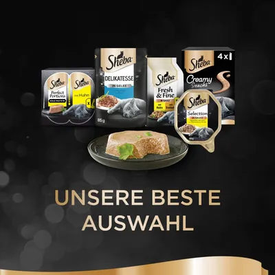 Ассортимент влажных кормов для кошек Sheba: Perfect Portions, Delikatesse in Gelee, Fresh & Fine, Creamy Snacks, Selection. Текст на немецком: UNSERE BESTE AUSWAHL.