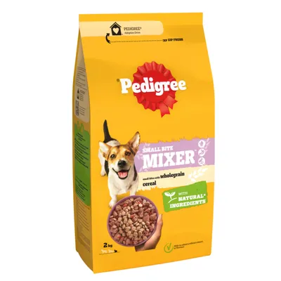 Pedigree Small Bite Mixer with wholegrain cereal, natural ingredients, small bites shown in a bowl, 2kg pack. No added artificial colours or flavours.