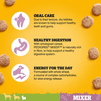 Oral care: dry kibbles support healthy teeth and gums. Healthy digestion: wholegrain cereal, rich in fibre, aids digestion. Energy for the day: whole wheat provides slow energy release.