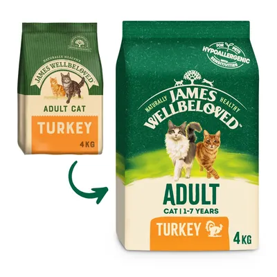 James Wellbeloved Adult Cat Turkey 4 kg, billede af to katte på emballagen, tekst: Hypoallergenic for pets with sensitivities, cat 1–7 years