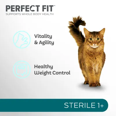 PERFECT FIT Supports Whole Body Health, Vitality & Agility, Healthy Weight Control, STERILE 1+. Text på engelska med bild av katt.