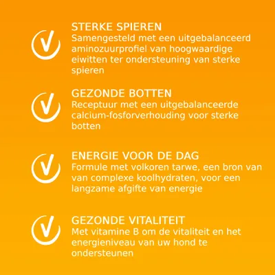 STERKE SPIEREN: uitgebalanceerd aminozuurprofiel, GEZONDE BOTTEN: calcium-fosforverhouding, ENERGIE VOOR DE DAG: volkoren tarwe, GEZONDE VITALITEIT: vitamine B voor vitaliteit hond