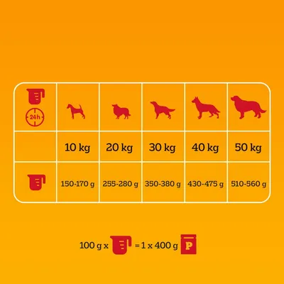 Feeding guide by dog weight: 10 kg 150–170 g, 20 kg 255–280 g, 30 kg 350–380 g, 40 kg 430–475 g, 50 kg 510–560 g. 100 g x 4 = 1 × 400 g pack.
