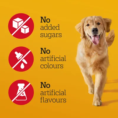 No added sugars, no artificial colours, no artificial flavours står bredvid tre röda symboler med överstrukna sockerbitar, pensel och kemikalieflaska.