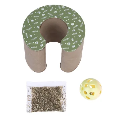 Cardboard scratching toy with green fish and paw pattern, yellow play ball and pouch of dried catnip.
