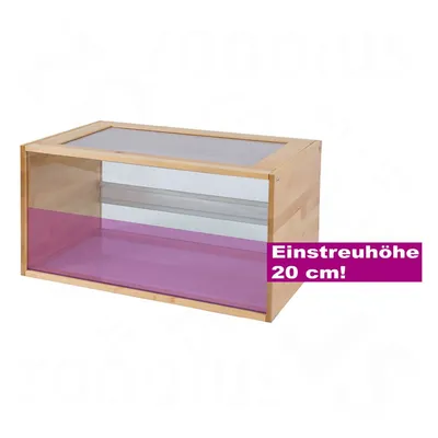 Holz-Terrarium mit Plexiglasfront und Einstreuhöhe von 20 cm, geeignet für Kleintiere. Hinweis auf Einstreuhöhe sichtbar in pinkem Textfeld.