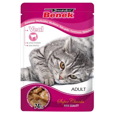 Super Benek Adult cat food with veal, 74% meat content, extra vitamins, high protein, Super Chunks high quality.