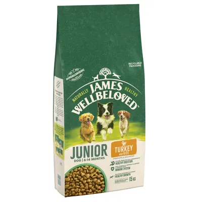 Saco de ração James Wellbeloved Junior Dog 6–14 Months, Turkey and Rice, 15 kg. Indicações visíveis: digestão saudável, sistema imunitário, crescimento saudável. Embalagem reciclável.