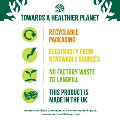 Recyclable packaging, electricity from renewable sources, no factory waste to landfill, this product is made in the UK. Text: Towards a healthier planet.