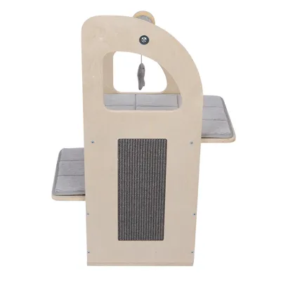 Wooden scratching furniture with grey scratching board, two padded lying surfaces and hanging fish-shaped toy.