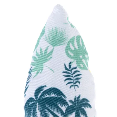 Fabric toy with tropical leaf pattern in green and blue tones.