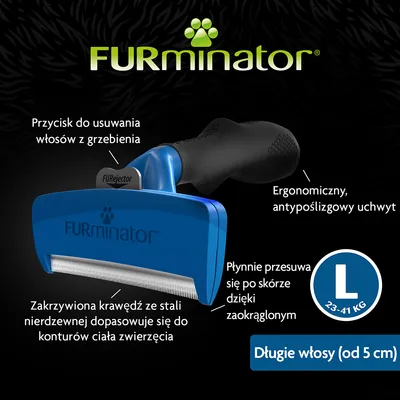 FURminator L dla zwierząt 23–41 kg, długie włosy (od 5 cm), przycisk do usuwania włosów, ergonomiczny uchwyt, zakrzywiona krawędź ze stali nierdzewnej, opis cech na grafice.