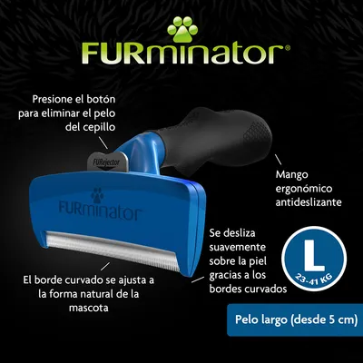 FURminator, cepillo azul con mango ergonómico antideslizante. Botón para eliminar pelo, bordes curvados, talla L 23–41 kg, pelo largo (desde 5 cm). Texto explicativo en la imagen.