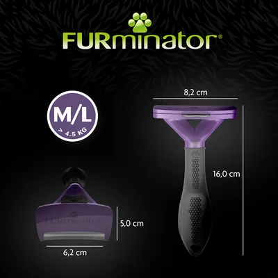 FURminator, velikost M/L pro více než 4,5 kg, rozměry: šířka hlavy 6,2 cm, výška 5,0 cm, délka rukojeti 16,0 cm, šířka horní části 8,2 cm.