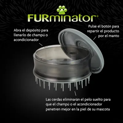 FURminator. Abra el depósito para llenarlo de champú o acondicionador. Pulse el botón para repartir el producto por el manto. Las cerdas eliminarán el pelo suelto.