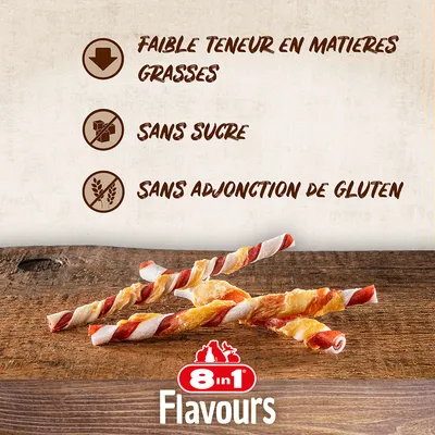 8in1 Flavours. Faible teneur en matières grasses, sans sucre, sans adjonction de gluten.