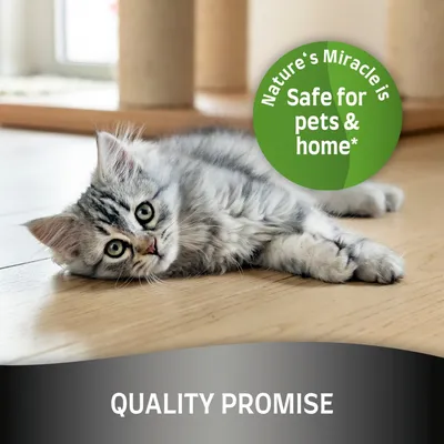 Nature's Miracle is Safe for pets & home*; QUALITY PROMISE. Tekst w języku angielskim widoczny na obrazie.