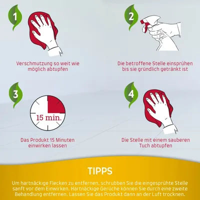 Anleitung zur Fleckenentfernung: 1. Verschmutzung abtupfen. 2. Stelle einsprühen. 3. Produkt 15 Minuten einwirken lassen. 4. Mit sauberem Tuch abtupfen. Tipps für hartnäckige Flecken unten.