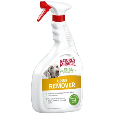 Sprej Nature's Miracle Urine Remover, nápisy: URINE REMOVER, URINE BIO-ENZYMATIC FORMULA, Safe for pets & home. Obrázek psa na etiketě.