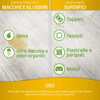 Soluzione contro macchie e odori: urina, altre macchie e odori organici. Adatto a tappeti, tessuti, piastrelle, parquet, mobili. Uso: testare su area nascosta prima dell'applicazione.