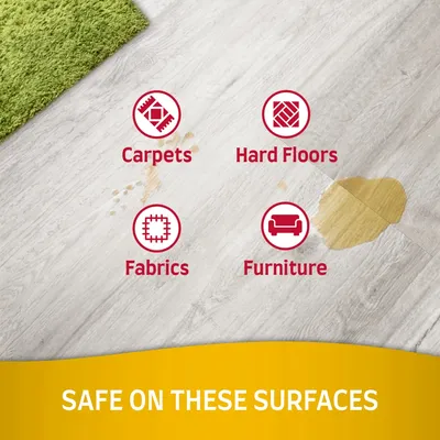 Text på engelska: Carpets, Hard Floors, Fabrics, Furniture. Safe on these surfaces. Ikoner för matta, hårda golv, textilier och möbler.