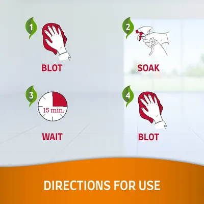 Directions for use: 1. Blot, 2. Soak, 3. Wait 15 min., 4. Blot. Steps shown with hand and spray illustrations. Text 'DIRECTIONS FOR USE' at bottom.