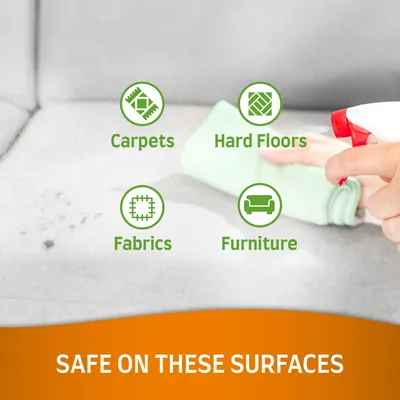 Text på engelska: Carpets, Hard Floors, Fabrics, Furniture. SAFE ON THESE SURFACES. Hand med sprayflaska och trasa rengör yta.