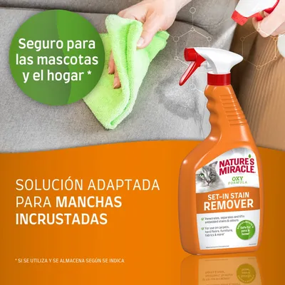 Nature's Miracle Oxy Formula Set-In Stain Remover. Seguro para las mascotas y el hogar. Solución adaptada para manchas incrustadas. Botella con pulverizador y paño limpiando sofá.