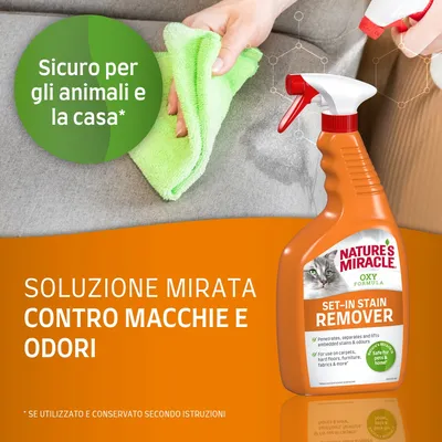 Nature's Miracle Oxy Formula Set-In Stain Remover, soluzione mirata contro macchie e odori. Sicuro per gli animali e la casa*. Immagine di flacone spray e pulizia divano.