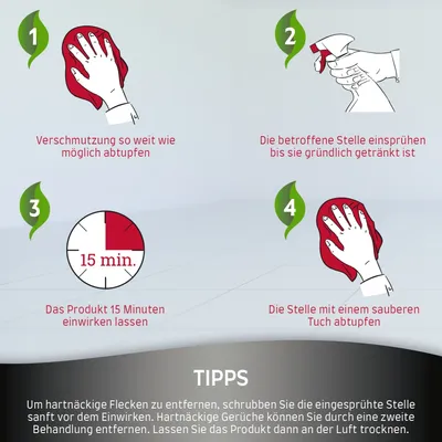 Instructions en allemand pour nettoyer une tache : tamponner, vaporiser, laisser agir 15 min, essuyer. Conseils supplémentaires en bas de l’image. Texte non disponible en français.