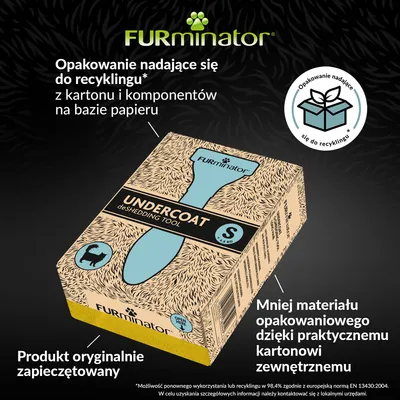 FURminator Undercoat deShedding Tool S, opakowanie z kartonu nadające się do recyklingu, produkt oryginalnie zapieczętowany, mniej materiału opakowaniowego dzięki kartonowi zewnętrznemu.