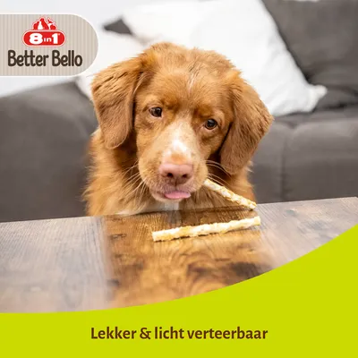 8in1 Better Bello, Lekker & licht verteerbaar. Hond met kauwstaaf op tafel zichtbaar. Slogan en merknaam duidelijk in beeld.