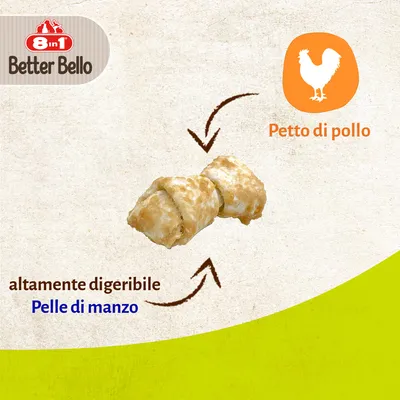 8in1 Better Bello, snack con petto di pollo e pelle di manzo, altamente digeribile. Testo visibile: Petto di pollo, altamente digeribile, Pelle di manzo.