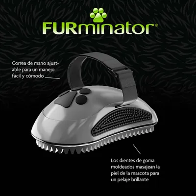 FURminator con correa de mano ajustable para un manejo sencillo. Los dientes de goma masajean la piel de la mascota para un pelaje brillante. FURminator con correa de mano ajustable para un manejo sencillo. Los dientes de goma masajean la piel de la mascota para un pelaje brillante.