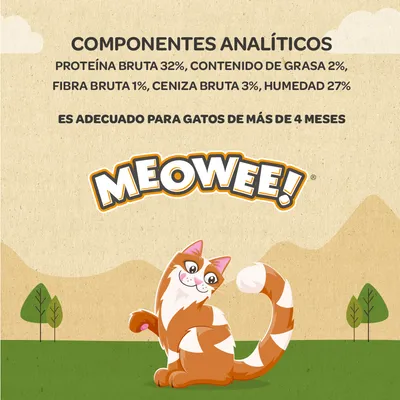 Componentes analíticos: proteína bruta 32 %, grasa 2 %, fibra bruta 1 %, ceniza bruta 3 %, humedad 27 %. Es adecuado para gatos de más de 4 meses. Meowee!