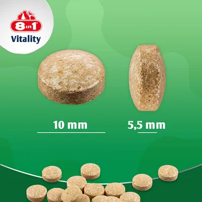 8in1 Vitality tablety, průměr 10 mm, výška 5,5 mm, dva pohledy na tabletu a dole viditelné několik tablet.