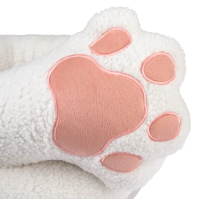 White plush material with pink paw motif, suitable for pet accessories or decoration.